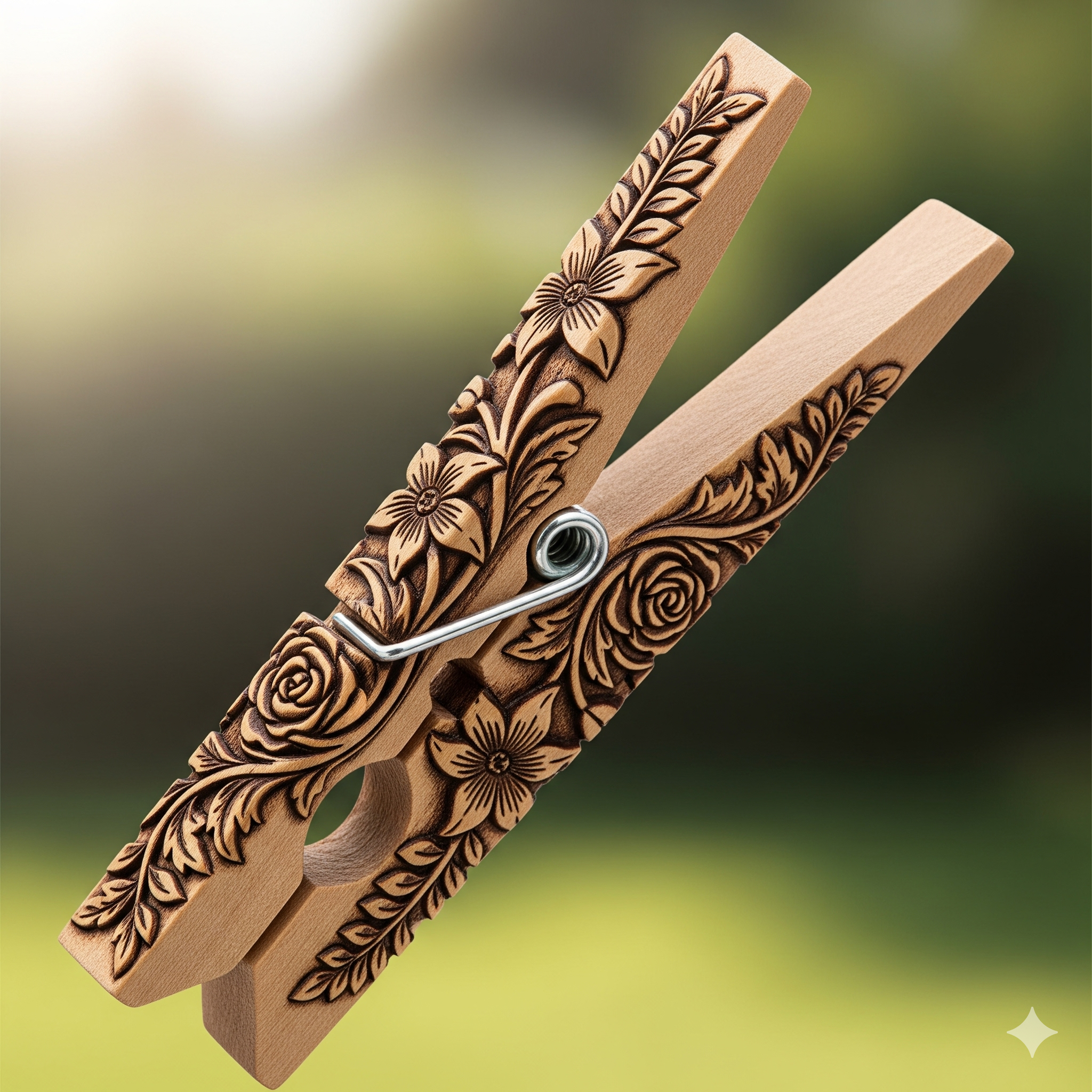 Floral carved peg with hand-carved cherry wood design and antique bronze spring